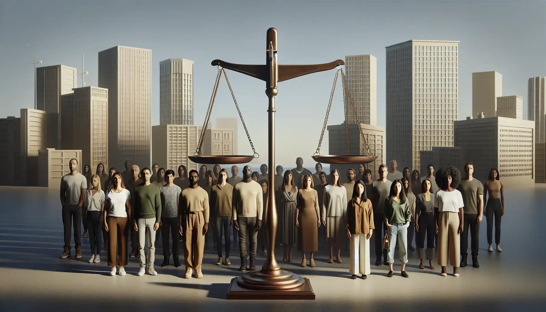 Multi-ethnic group in semicircle with men and women in casual clothes, bronze scales balanced in foreground, neutral urban background and clear sky.