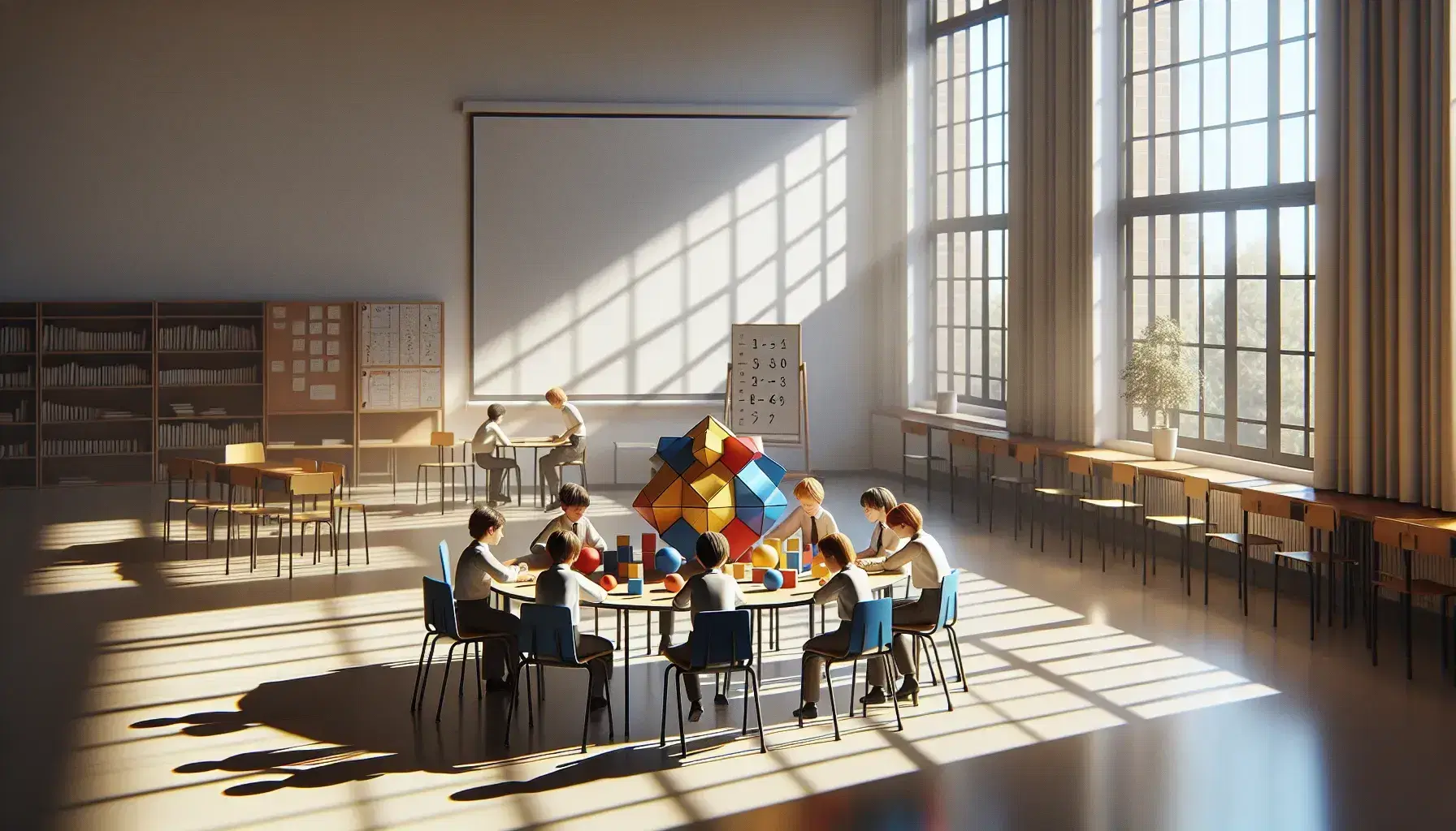 Estudiantes colaborando en proyecto de modelos geométricos tridimensionales en aula iluminada con luz natural, sin textos visibles.