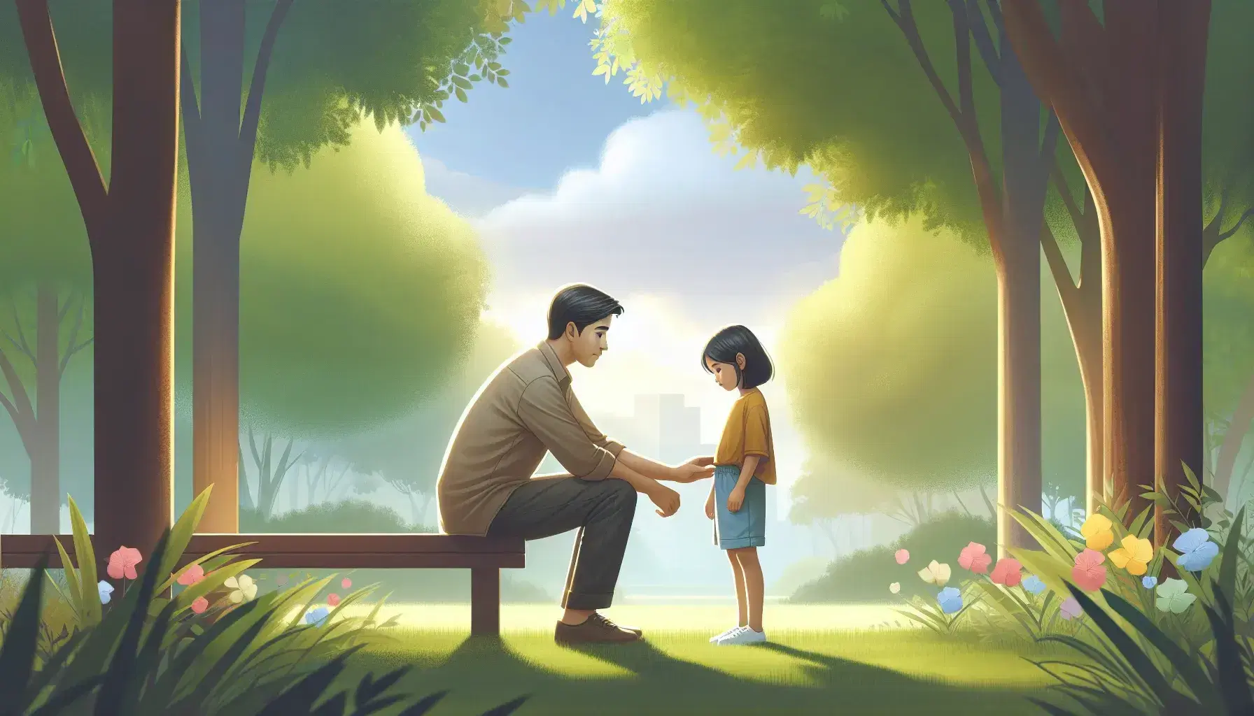 South Asian male assistant kneeling at eye level with Caucasian little girl in park, both with hands on each other's shoulders, tranquil green background.