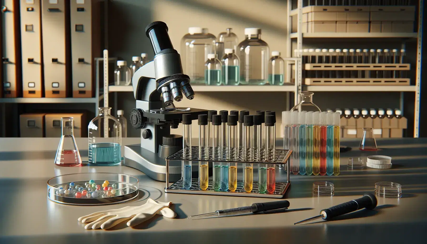Escena de laboratorio de biología con microscopio, tubos de ensayo con líquidos de colores, pipeta, plato de Petri y guantes de látex sobre una mesa, y estantería con frascos al fondo.