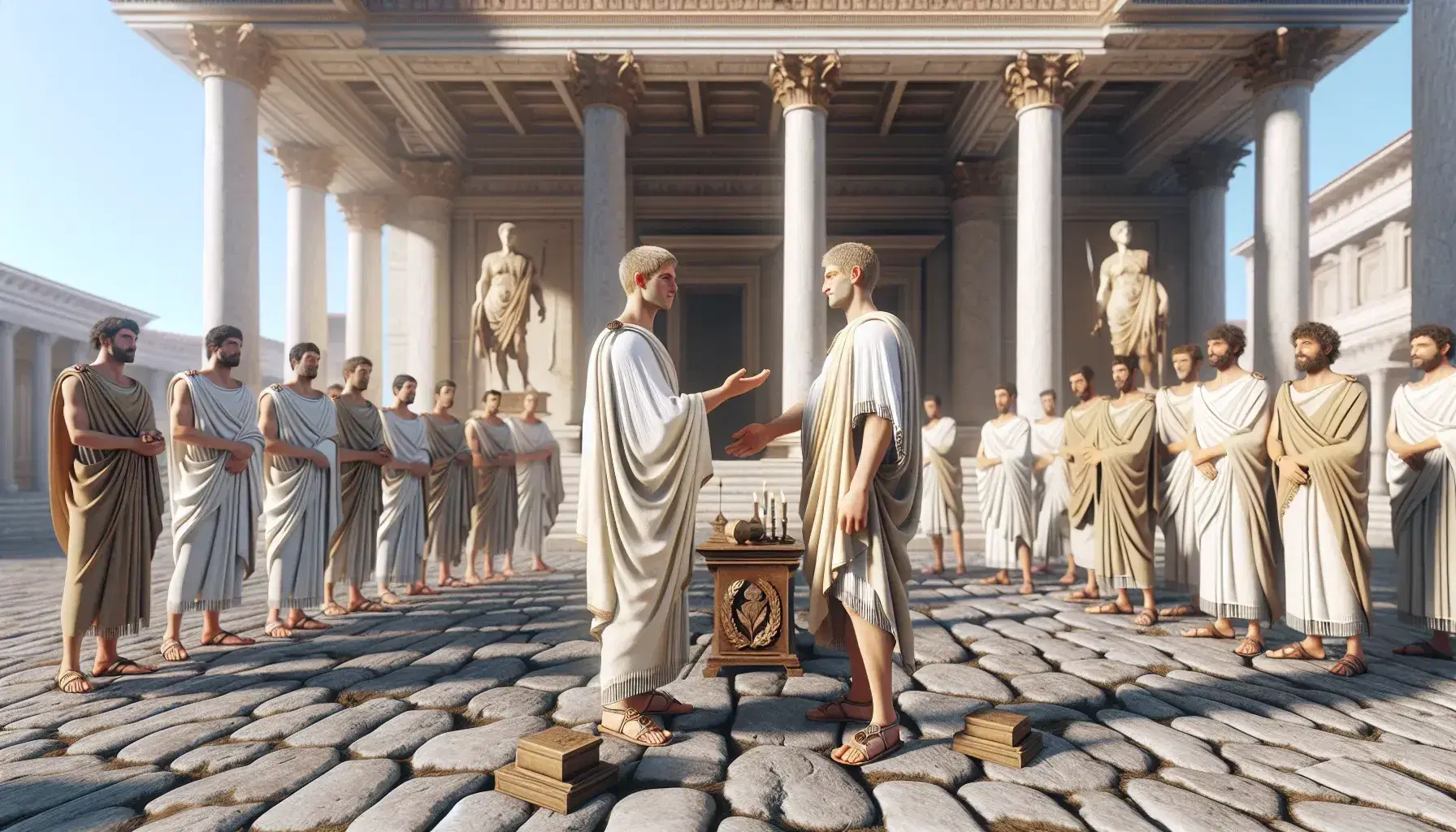 Dos hombres en togas en un foro romano parecen cerrar un acuerdo ante ciudadanos, con arquitectura clásica y estatua de bronce al fondo, bajo un cielo despejado.