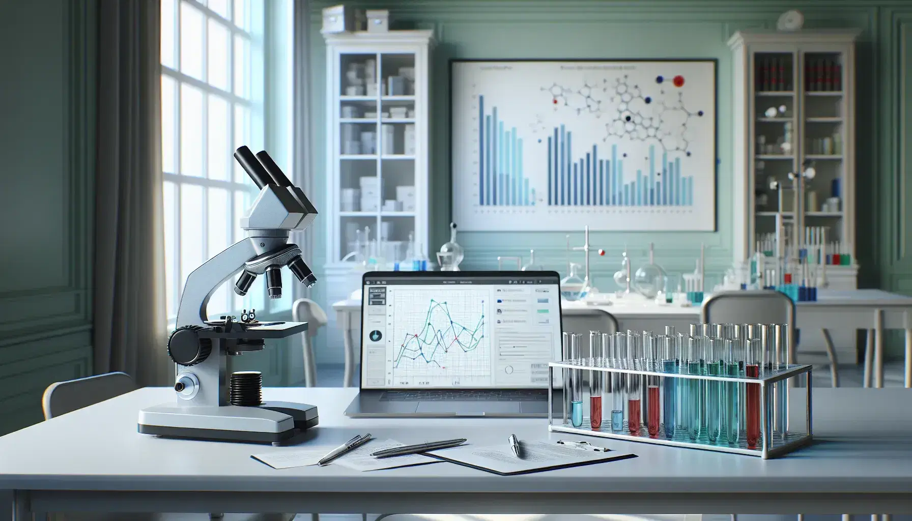 Laboratorio scientifico con microscopio moderno, provette colorate e laptop con grafico, ambiente luminoso e ordinato.