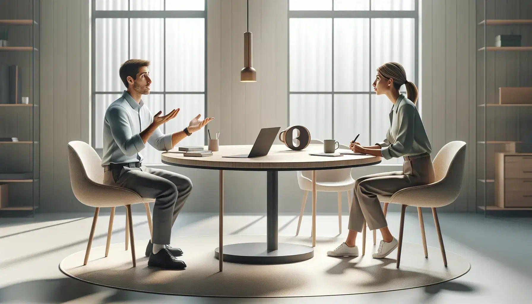 Oficina moderna con tres profesionales en reunión, hombre explicando idea a dos mujeres atentas, mesa con portátil, móvil y taza de café, iluminación natural.