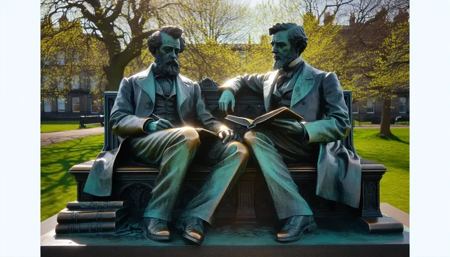 Statua in bronzo di due uomini storici seduti su una panchina in un parco, con abiti vittoriani e libri aperti in mano.