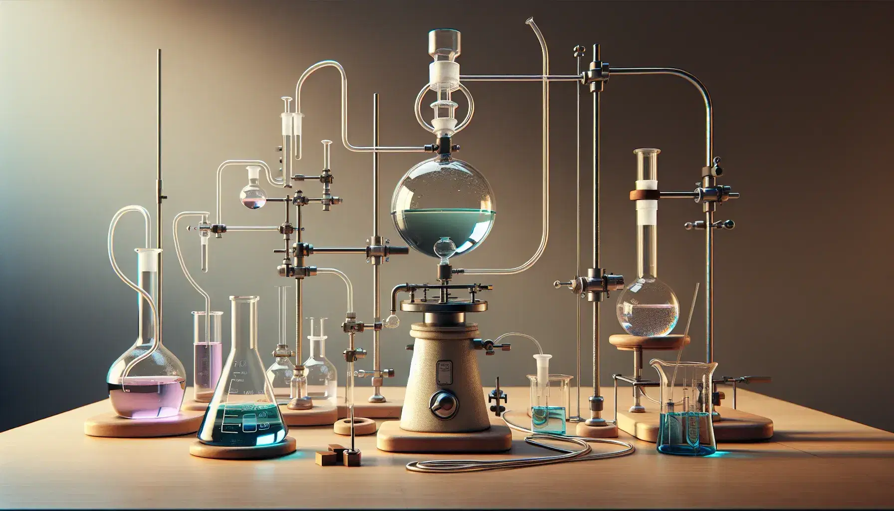 Chemical laboratory with assortment of glassware on wooden bench, flasks with colored liquids, Liebig condenser and beakers on tripod.
