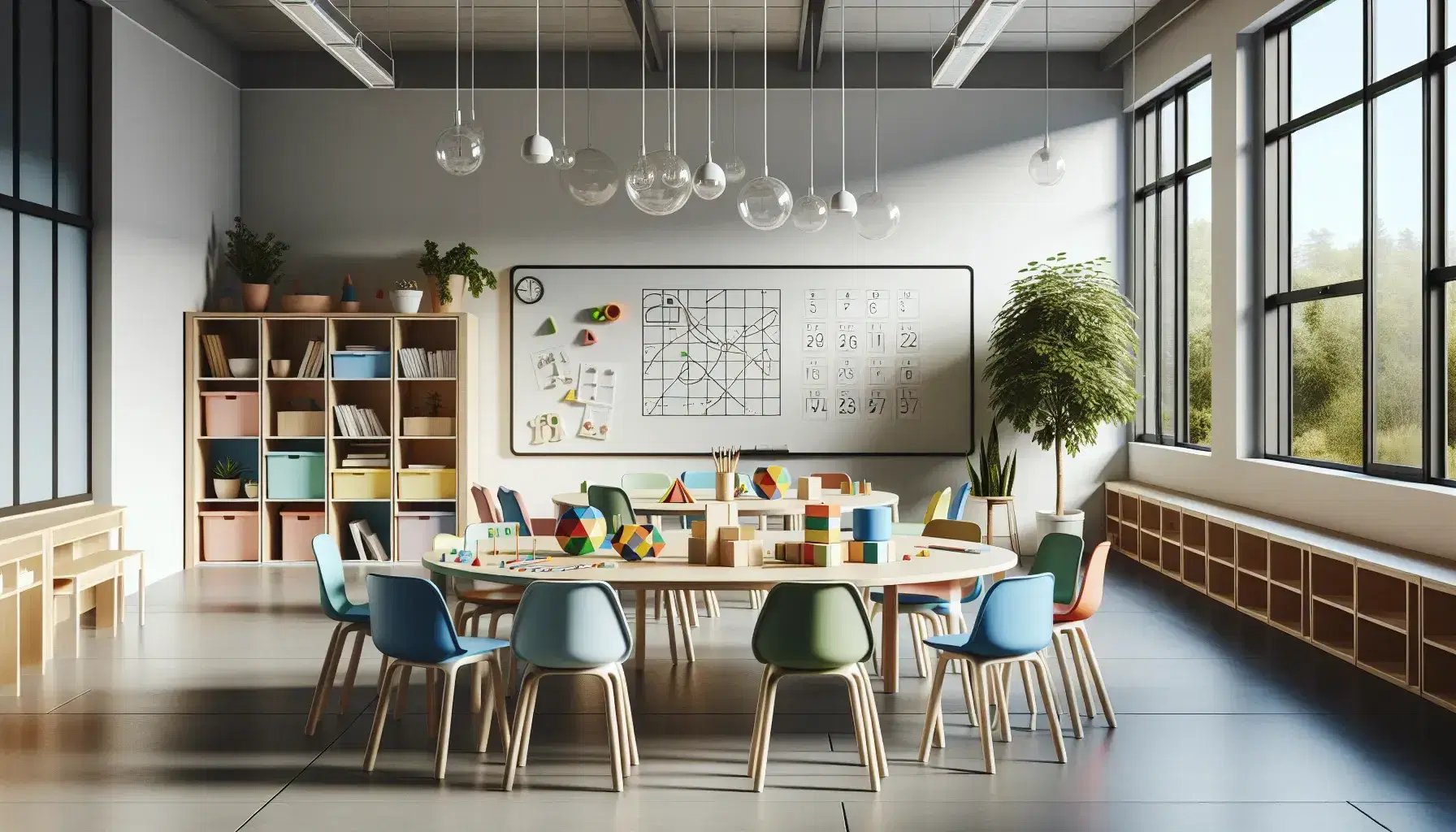 Aula escolar moderna y luminosa con mesa redonda, sillas ergonómicas de colores, objetos didácticos, pizarra blanca y estantería con materiales educativos.
