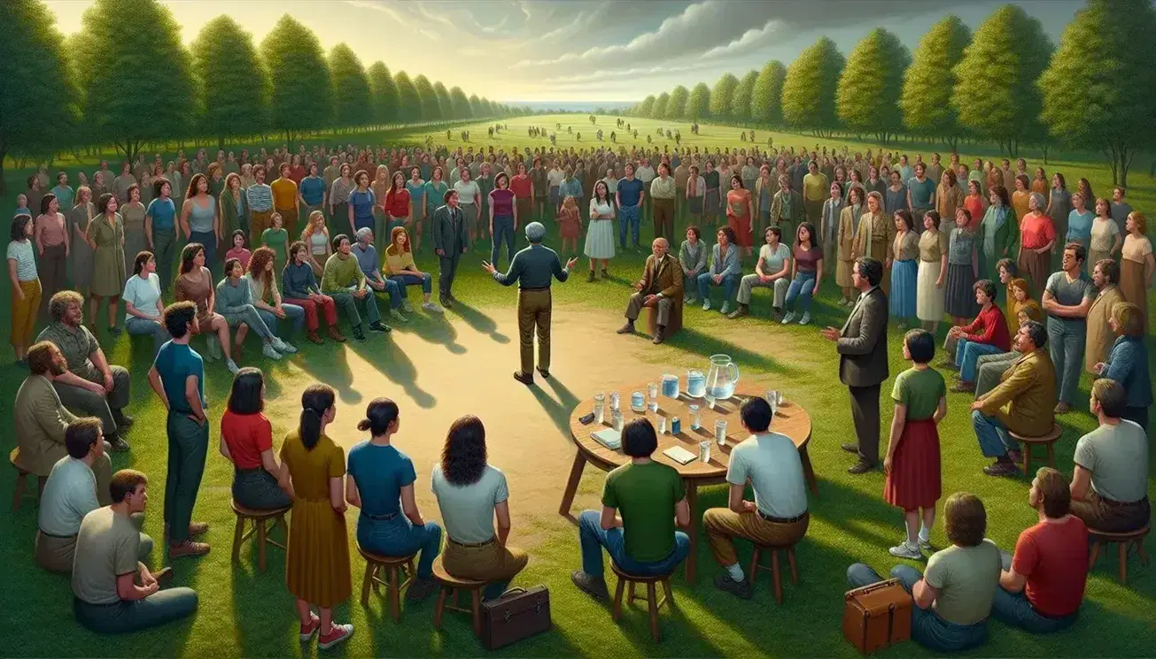 Grupo diverso reunido en parque con árboles y cielo azul, escuchando a un orador en un ambiente informal y acogedor, sin tecnología visible.