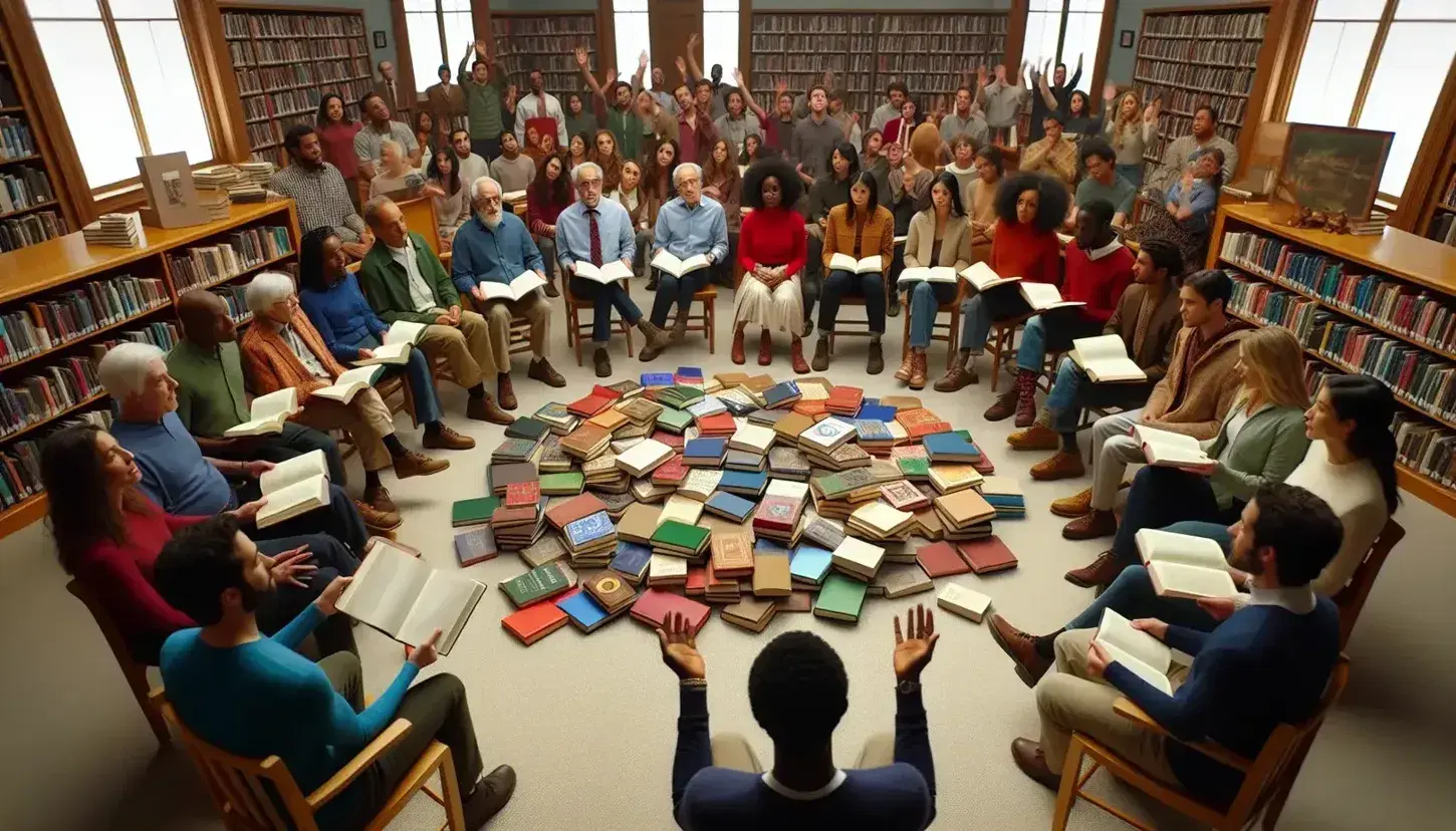 Grupo multicultural sentado en círculo en biblioteca con libros en el centro, participando en una discusión de lectura, rodeados de estanterías llenas de libros.