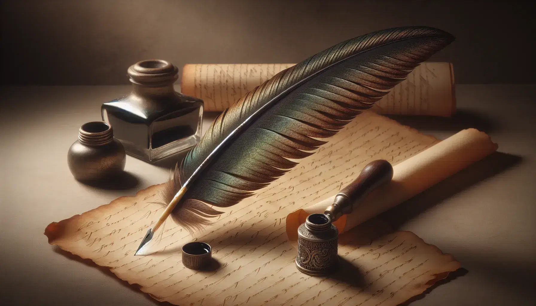 Seventeenth-century quill pen on blank parchment with curled edges, inkwell, and wax seal stamp in a vintage still life setup.