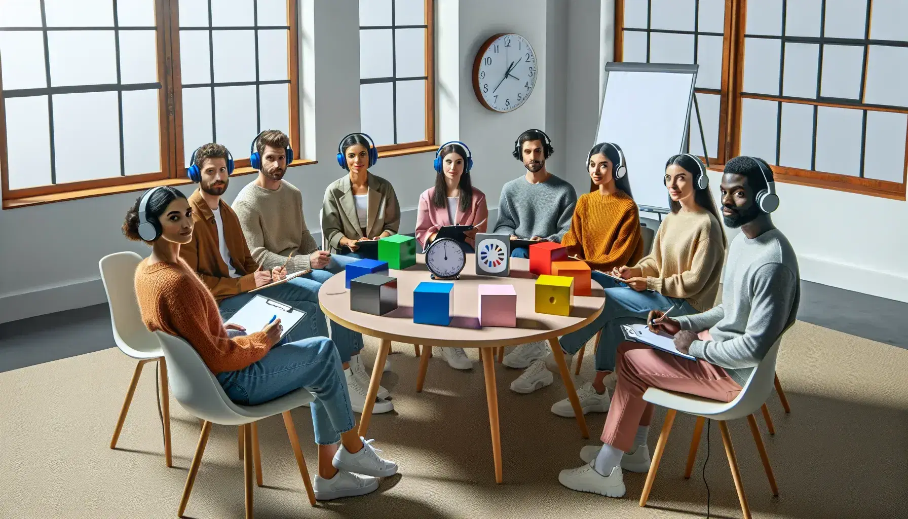 Grupo diverso en sesión de investigación psicológica con herramientas como cubos de colores y tarjetas en una sala iluminada.