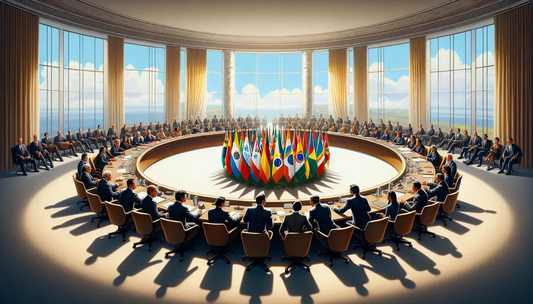 Diverse South American delegates in a conference room with a panoramic window, engaged in discussion around a table adorned with colorful, emblem-free flags.
