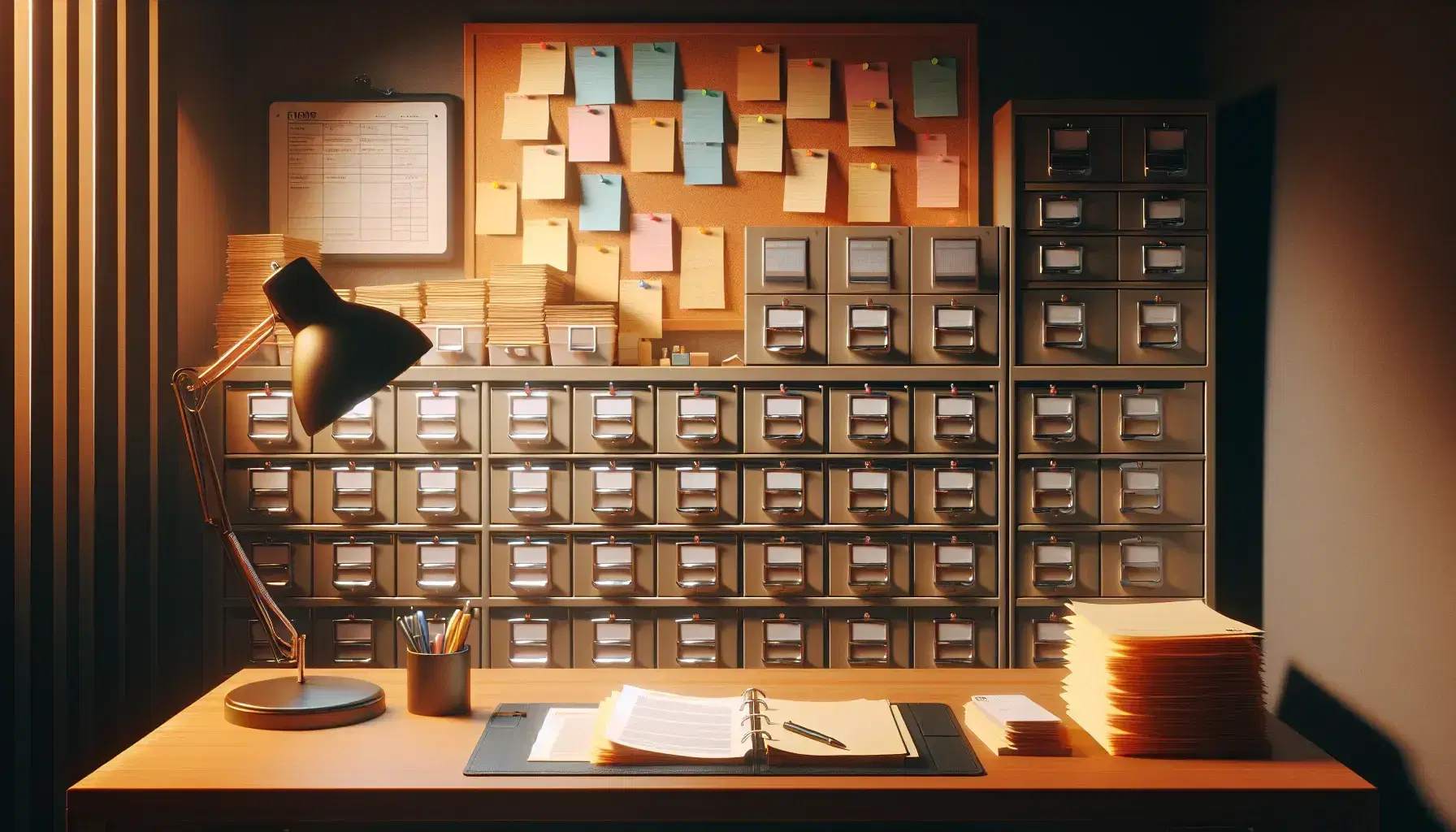 Organized office with polished wooden desk, lamp, categorized paper stacks, color-coded index cards on bulletin board, and open filing cabinet with folders.