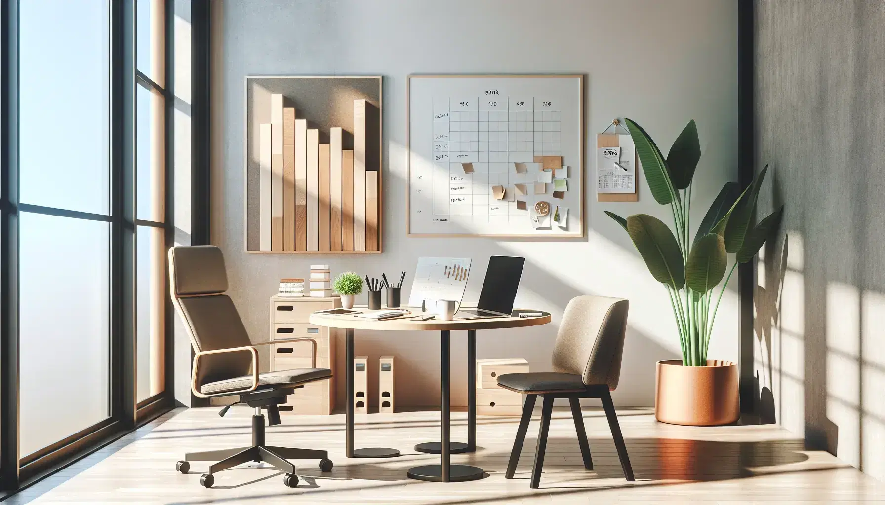 Oficina moderna y luminosa con mesa redonda, silla ergonómica, portátil, bloc de notas, smartphone y gráfico de barras 3D de madera junto a pizarra blanca y planta verde.