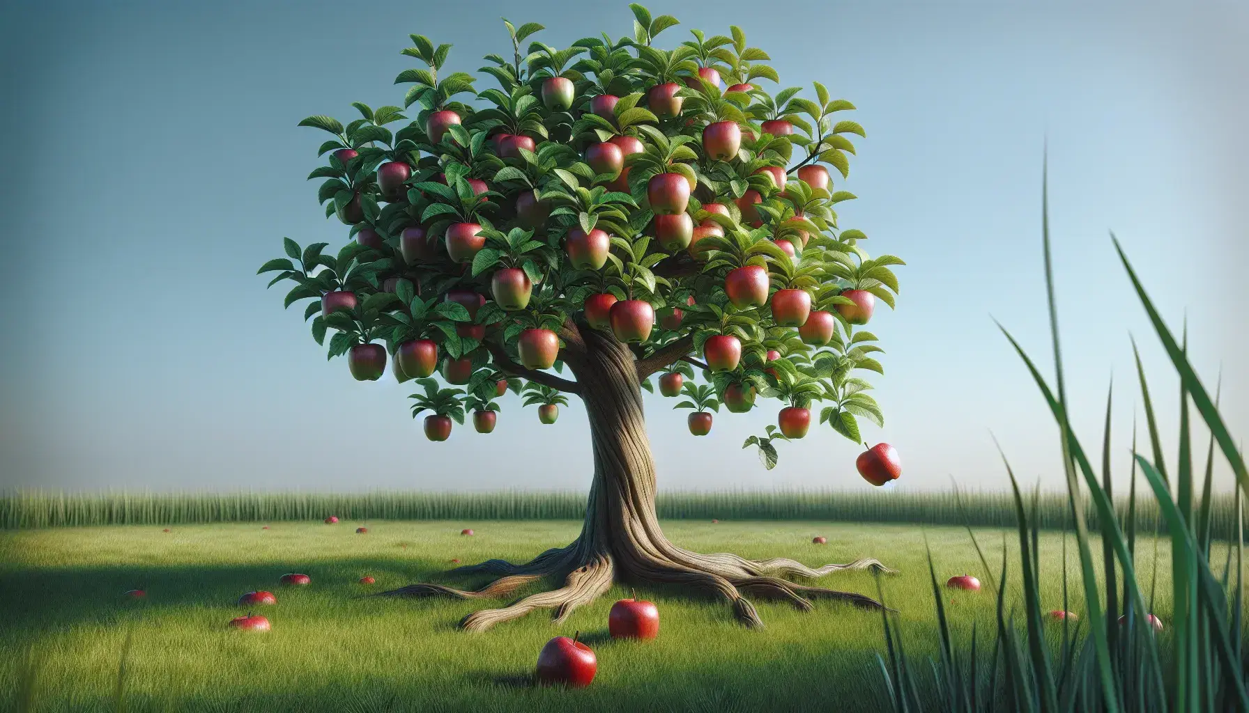 Lush apple tree with red apples and green leaves against a blue sky, one apple falling to the vibrant grass below, in a serene setting.
