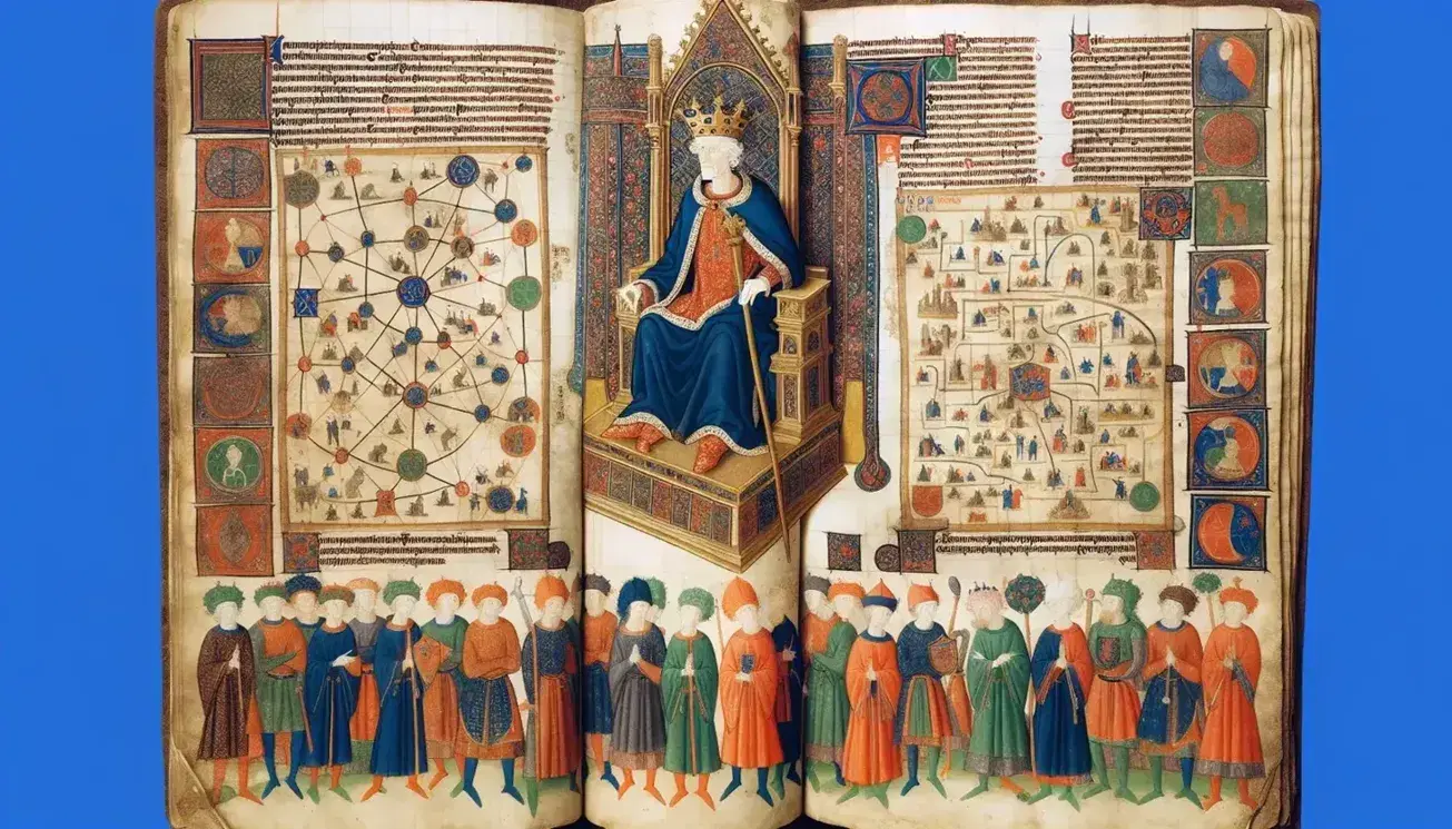 Manoscritto medievale con miniatura di re su trono e mappa stilizzata di territorio, figure in attività agricole e militari.