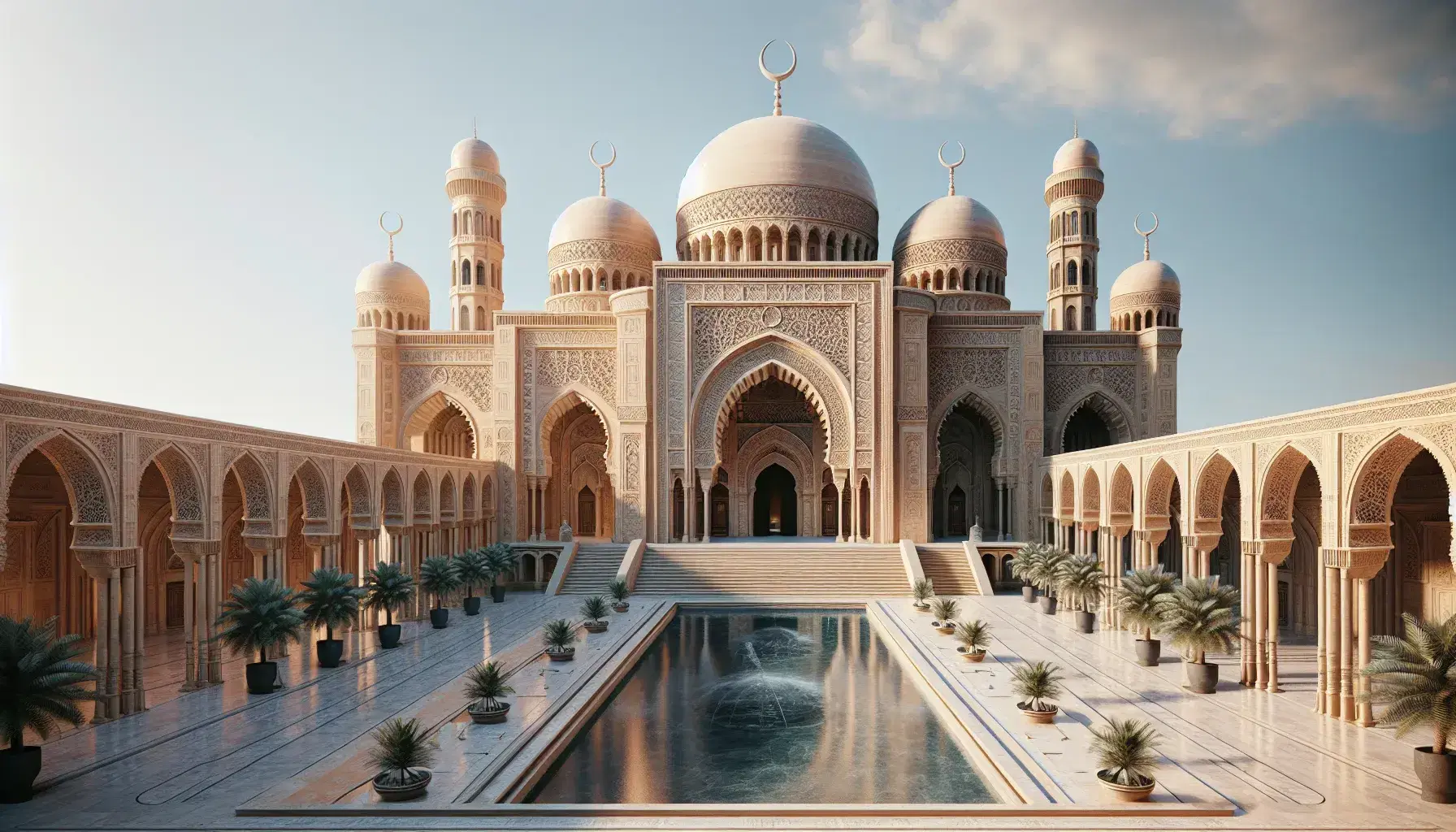 Majestic sandstone mosque with central dome, smaller domes with crescents, ornate arches, and a reflective pool in a sunlit courtyard.