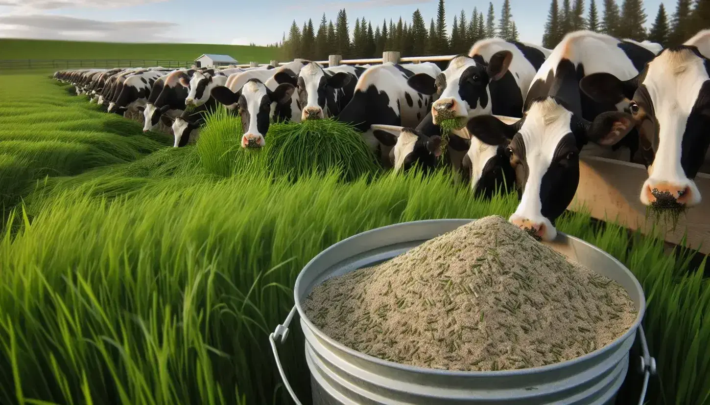 Vacas lecheras blancas con manchas negras pastando en un campo verde, con cerca de madera y cielo azul claro al fondo.