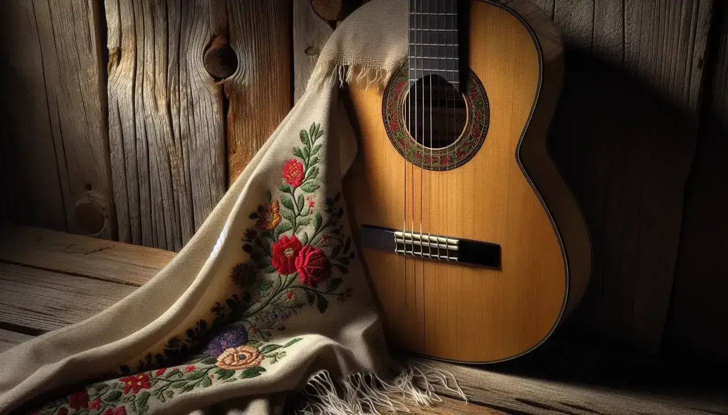 Guitarra española clásica apoyada en fondo de madera rústica con mantón de Manila bordado a su lado, destacando la elegancia de sus curvas y la calidez de la iluminación.