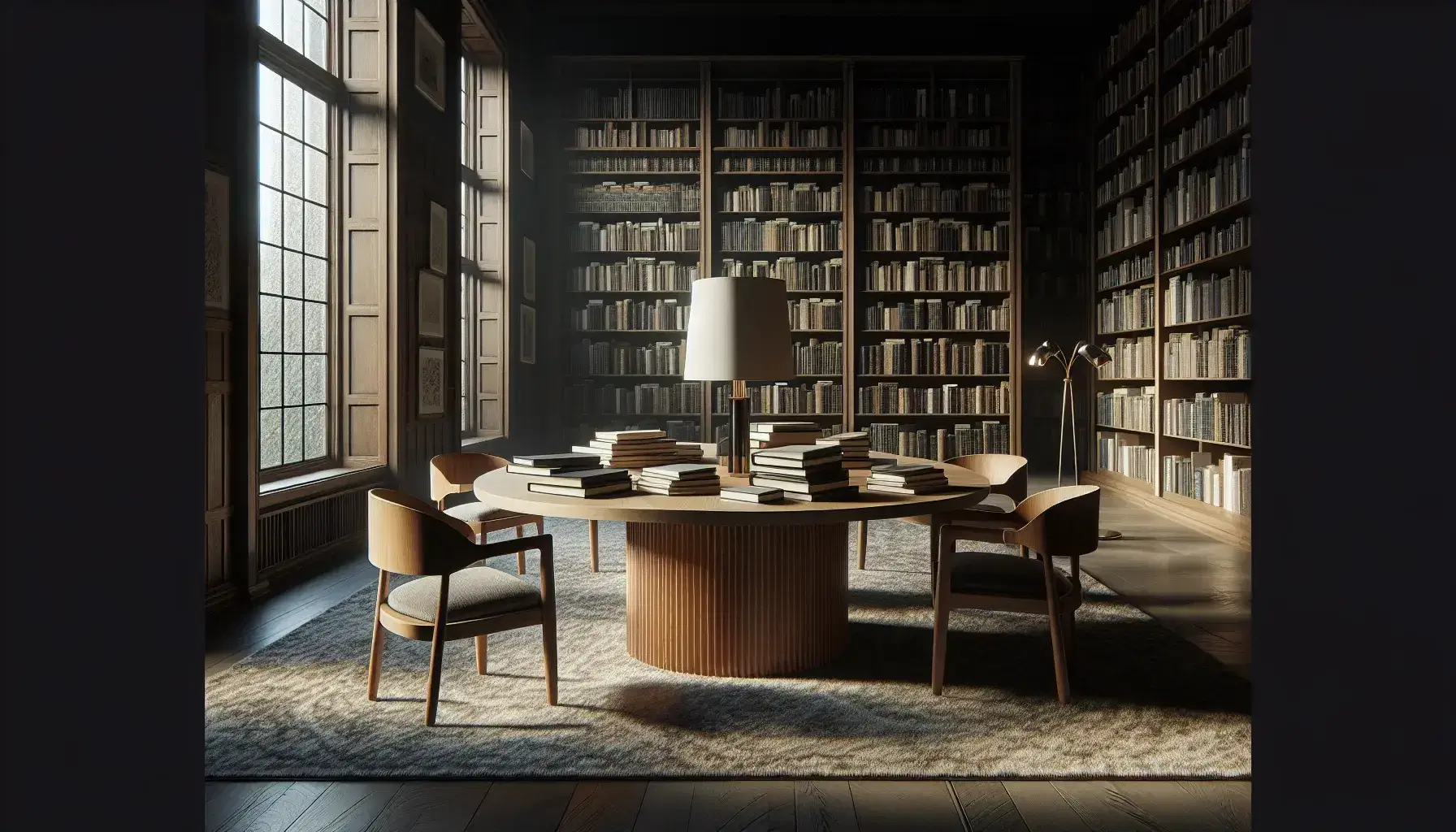 Biblioteca acogedora con estanterías de madera oscura llenas de libros, mesa central con libros abiertos, sillas con cojines beige y lámpara de pie, iluminada por ventana grande.