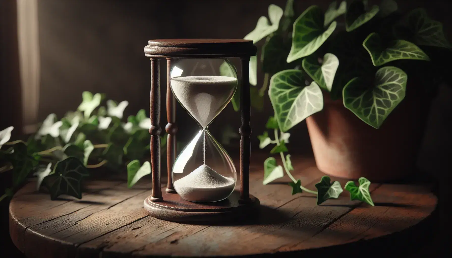 Vintage hourglass with white sand on wooden table, polished wood frame gleaming, beside terracotta pot with lush ivy plant in soft lighting.