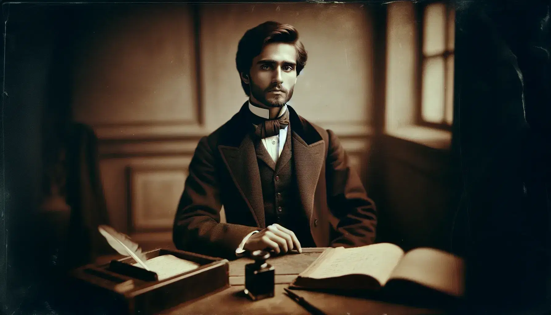 Sepia-toned vintage photo of a contemplative Middle-Eastern man in 19th-century attire seated at a desk with an open book, quill, and inkwell.