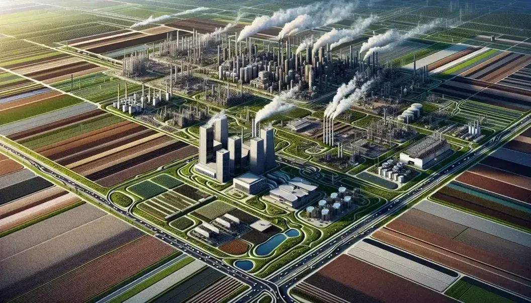 Veduta aerea di un paesaggio con campi agricoli, strutture industriali con fumi e zona urbana, simbolo dei settori economici primario, secondario e terziario.