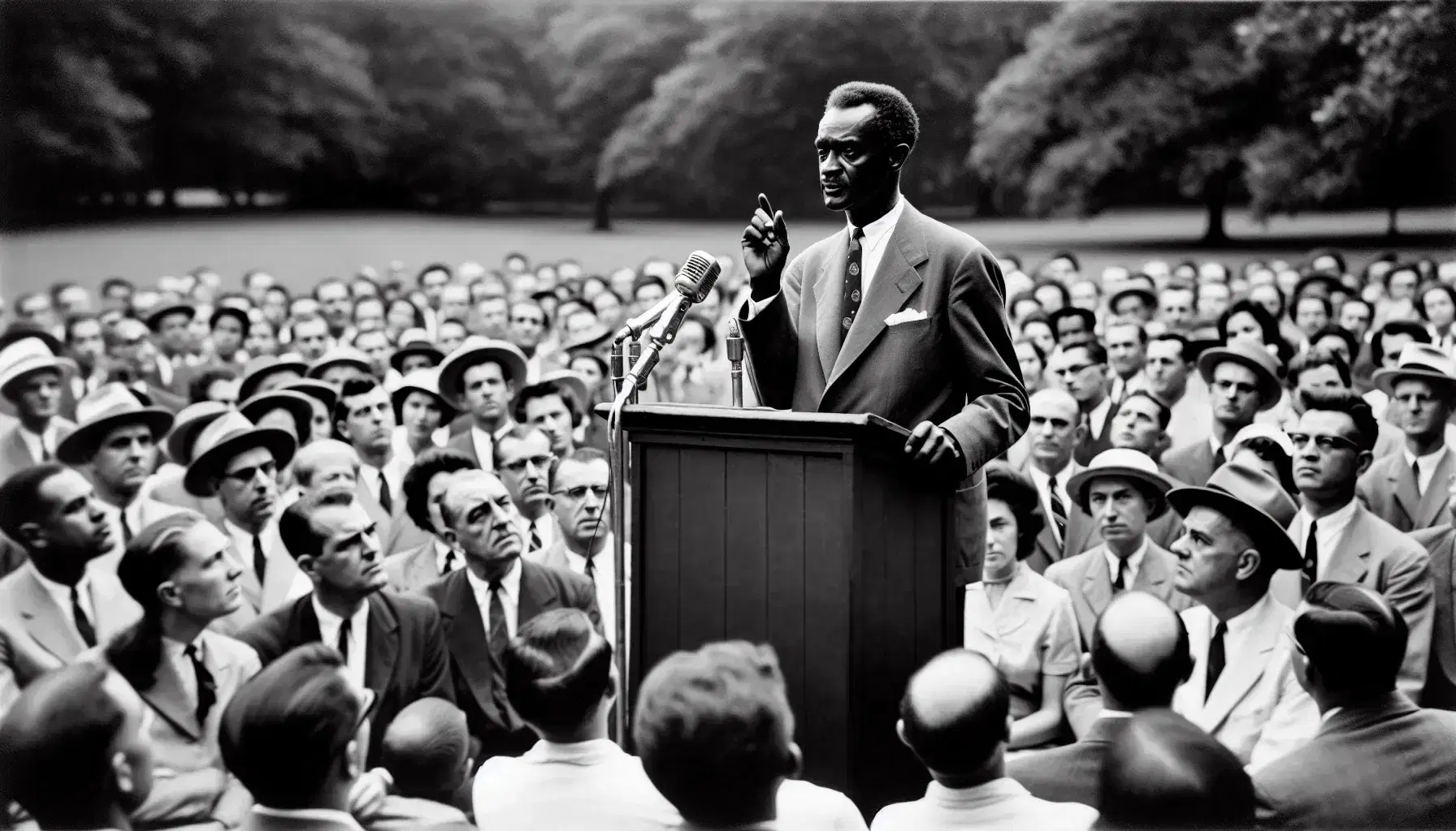 Middle-aged African American man in a suit speaking at an outdoor podium to a diverse audience in a park setting, conveying a message with a raised hand.