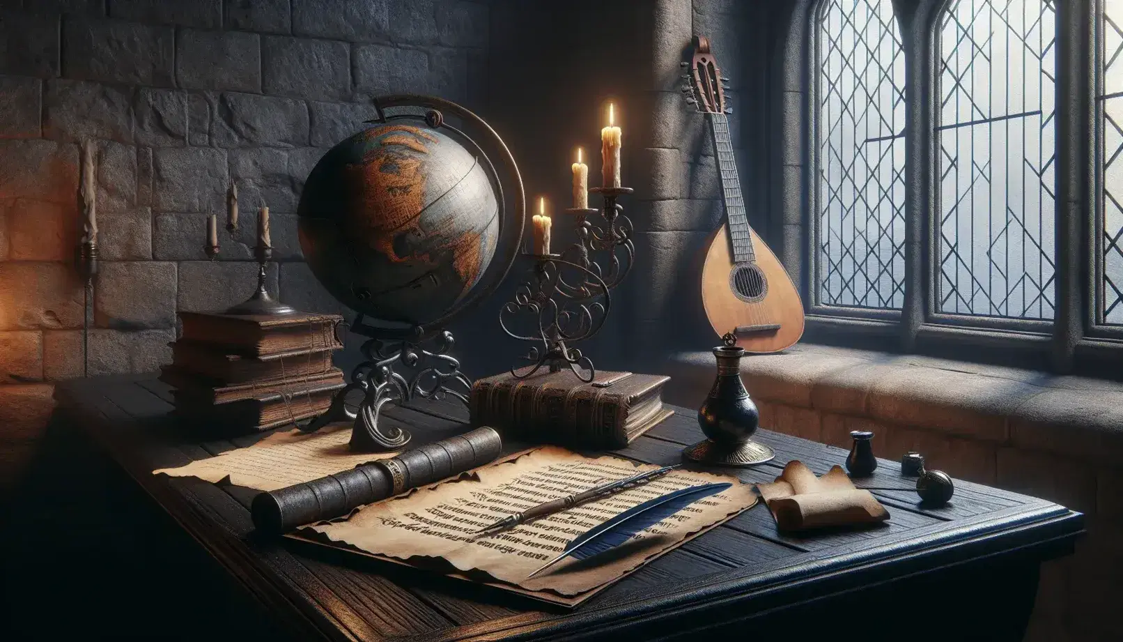 Scrivania medievale in legno scuro con calamaio, pergamena, libro aperto, candelabro e lute su sfondo di parete in pietra e globo terrestre.