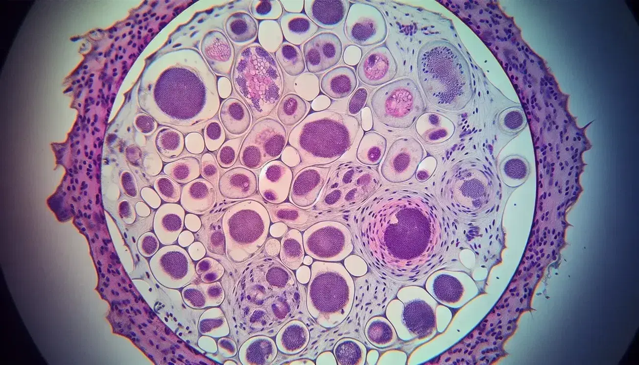 Vista microscópica de tejido celular con células redondas y ovales teñidas en tonos rosados y morados, núcleos visibles y espacios intercelulares con fibras finas.
