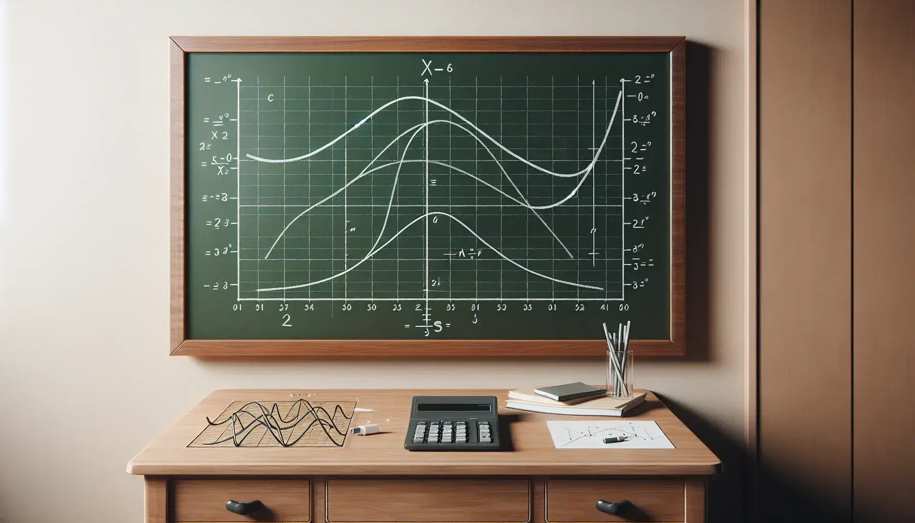 Pizarra verde con gráficos matemáticos en tiza, calculadora científica y reglas geométricas sobre escritorio de madera.