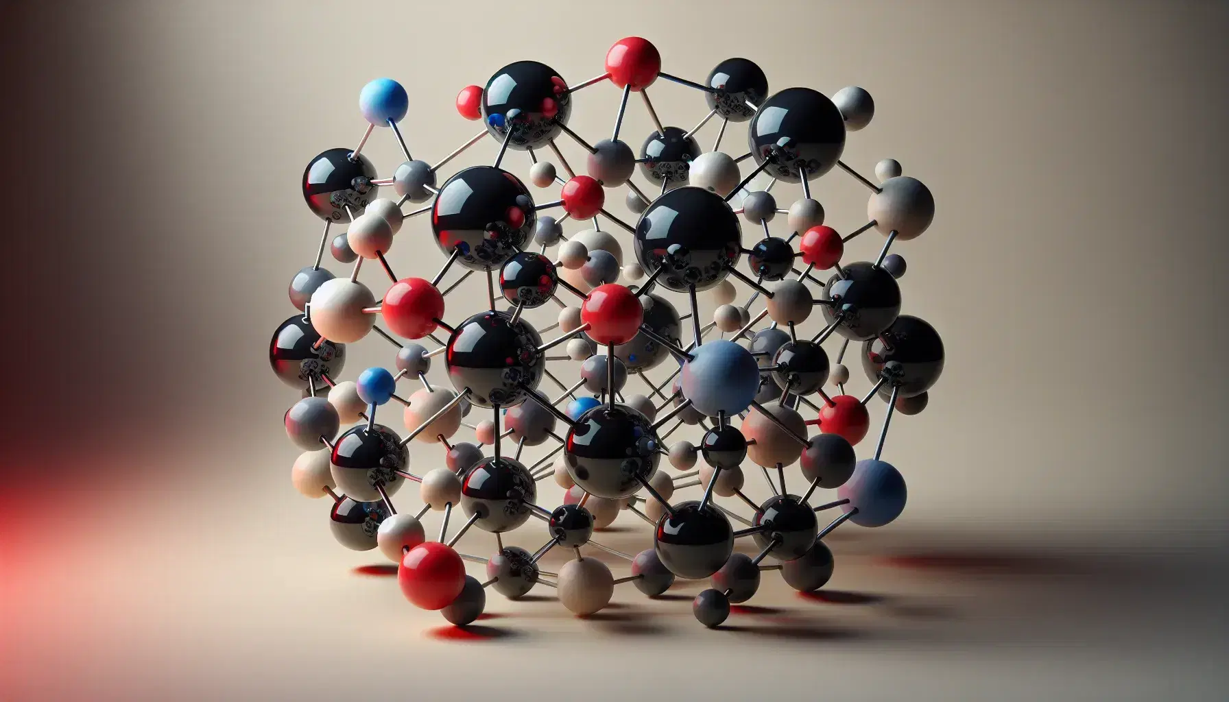 Modelo molecular tridimensional con esferas negras centrales conectadas por varillas grises a esferas menores en rojo, blanco y azul, reflejando simetría y orden.