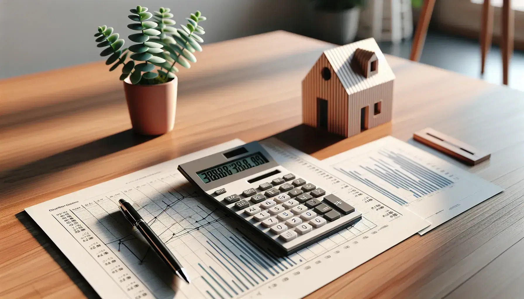 Mesa de madera con calculadora, gráficos de colores, maqueta de casa blanca y bolígrafo negro, con planta de fondo.