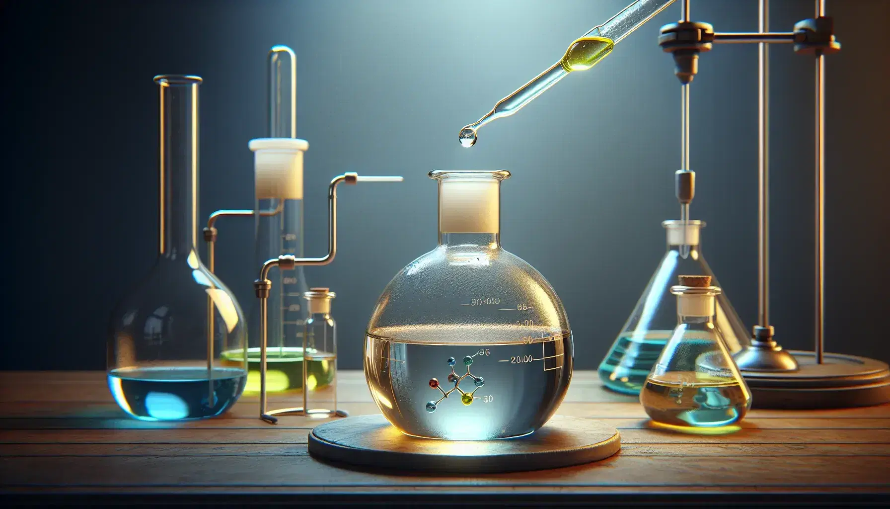 Glass bottle on wooden laboratory bench with clear liquid and yellow drops from droppers, blurred colored bottles and lit Bunsen flame.