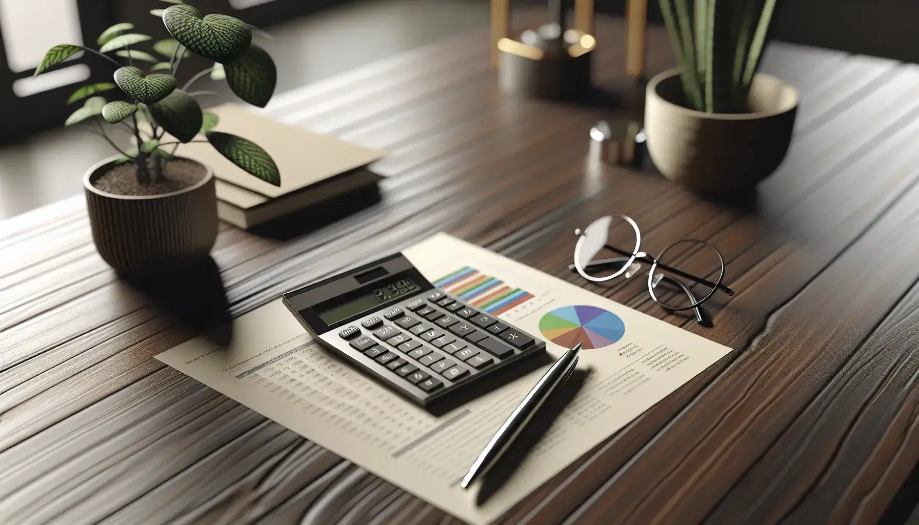 Mesa de madera oscura con calculadora gris, gráficos de colores, gafas negras invertidas y bolígrafo plateado, junto a planta interior desenfocada.