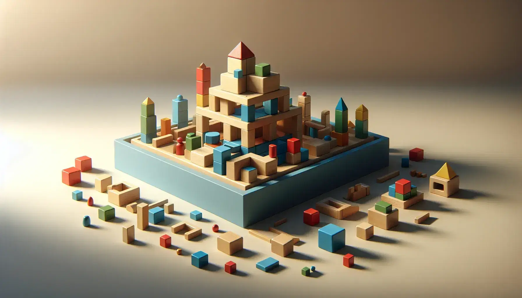 Bloques de construcción de madera en colores y formas variadas, con una estructura central sobre base azul y bloques dispersos al lado, en superficie lisa.
