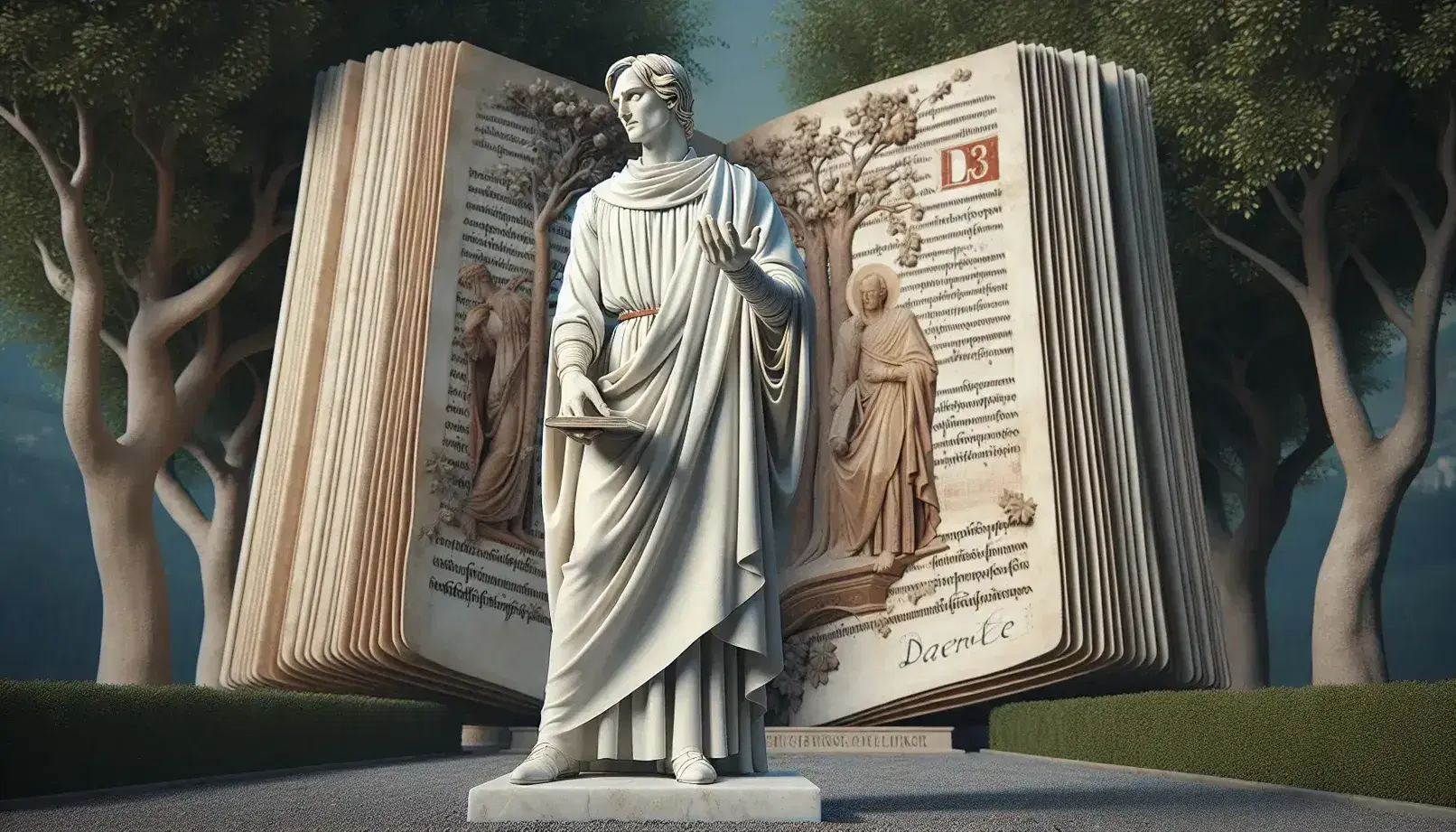 Statua in marmo di Dante Alighieri pensieroso con libro aperto, in abiti medievali, su sfondo di manoscritto antico e alberi in giardino rinascimentale.