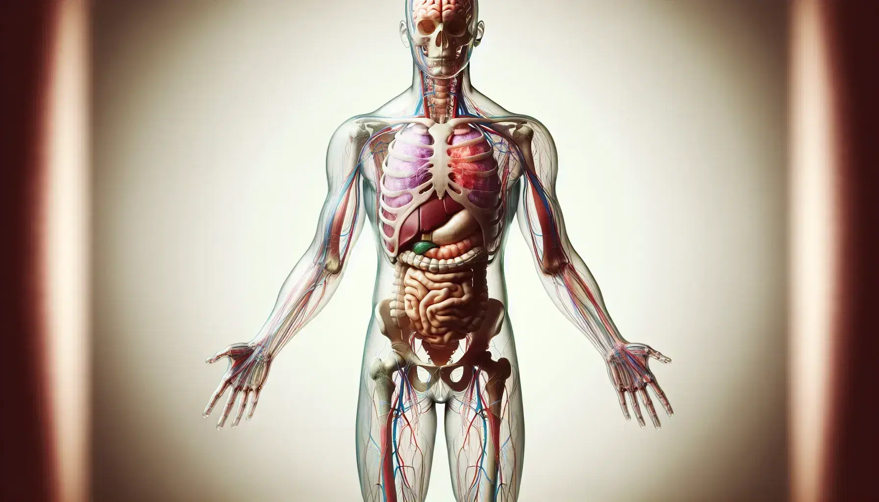 Figura humana transparente mostrando sistemas esquelético, muscular, circulatorio y órganos internos en colores distintivos sobre fondo neutro.