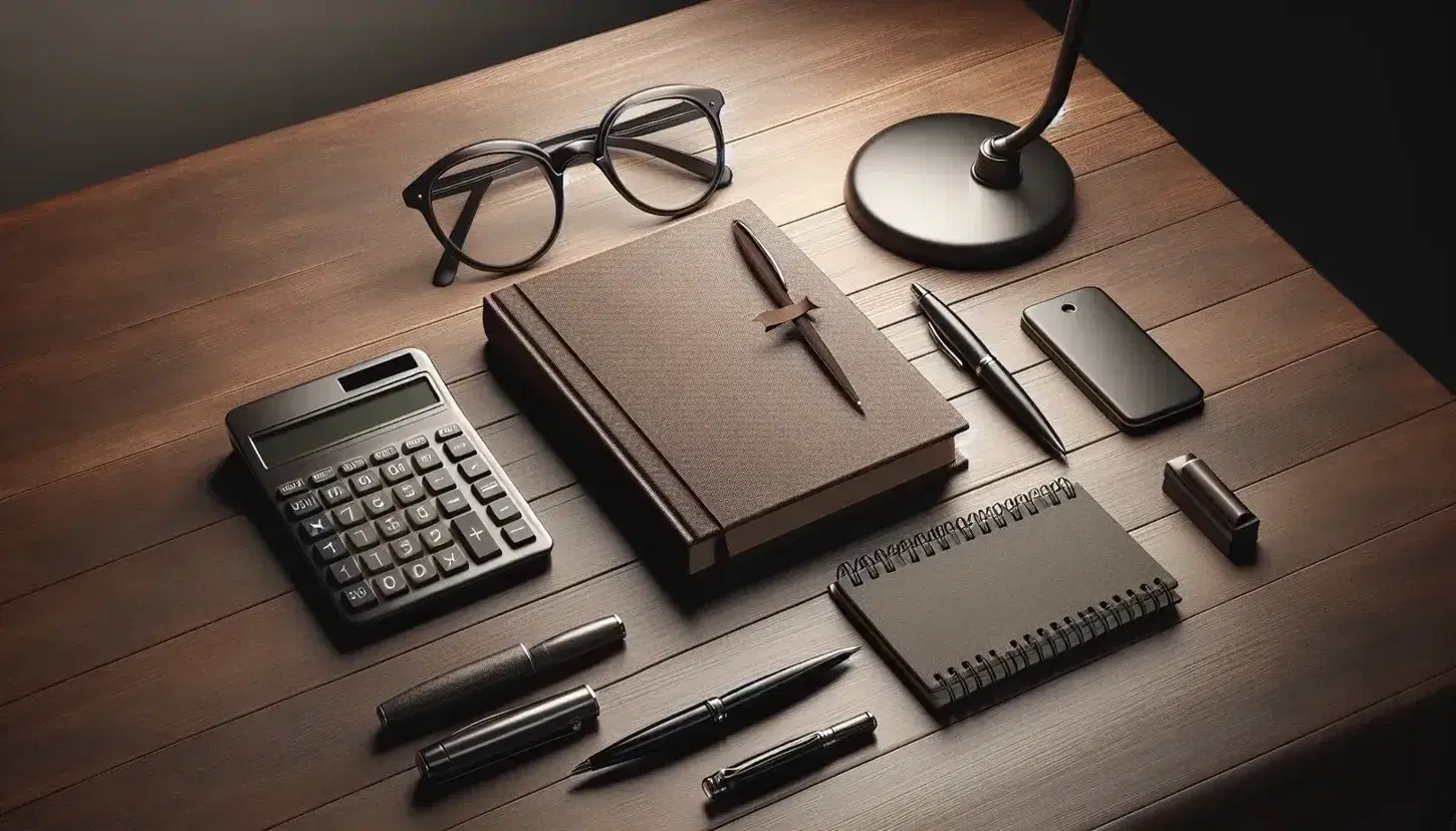 Escritorio de madera oscura con libro, gafas, calculadora, pluma fuente y cuaderno espiral bajo la luz suave de una lámpara de escritorio.