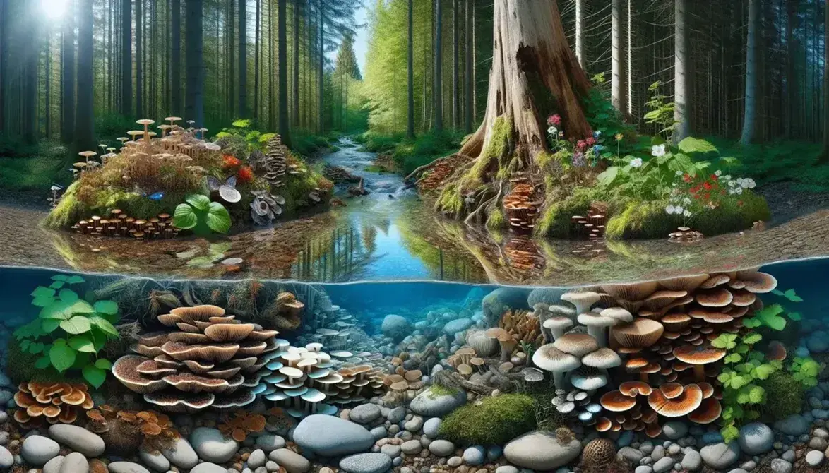Lush forest ecosystem with a flowing stream, decomposing log with fungi, diverse flora, soaring bird of prey, and grazing deer.