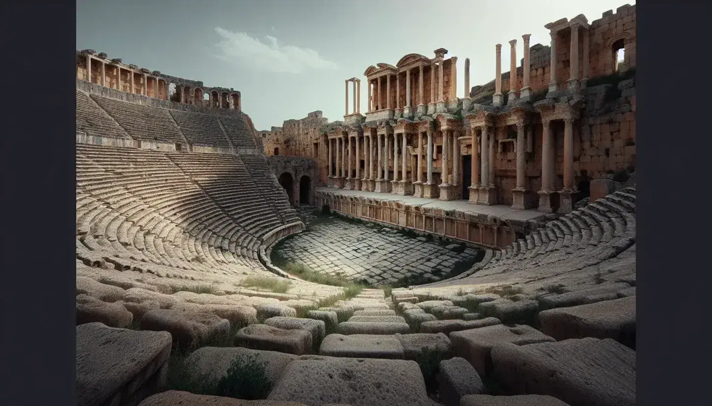 Ruinas de un teatro romano antiguo con asientos semicirculares de piedra, orquesta y columnas corintias bajo un cielo azul.