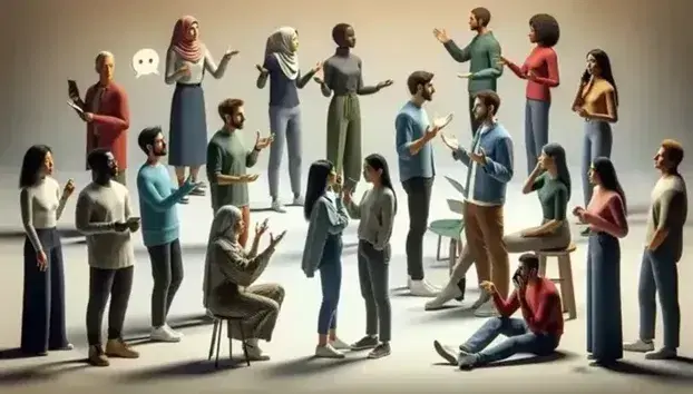 Different individuals communicate in various ways: lively conversation, sign language, telephone call, in a neutral and casual environment.