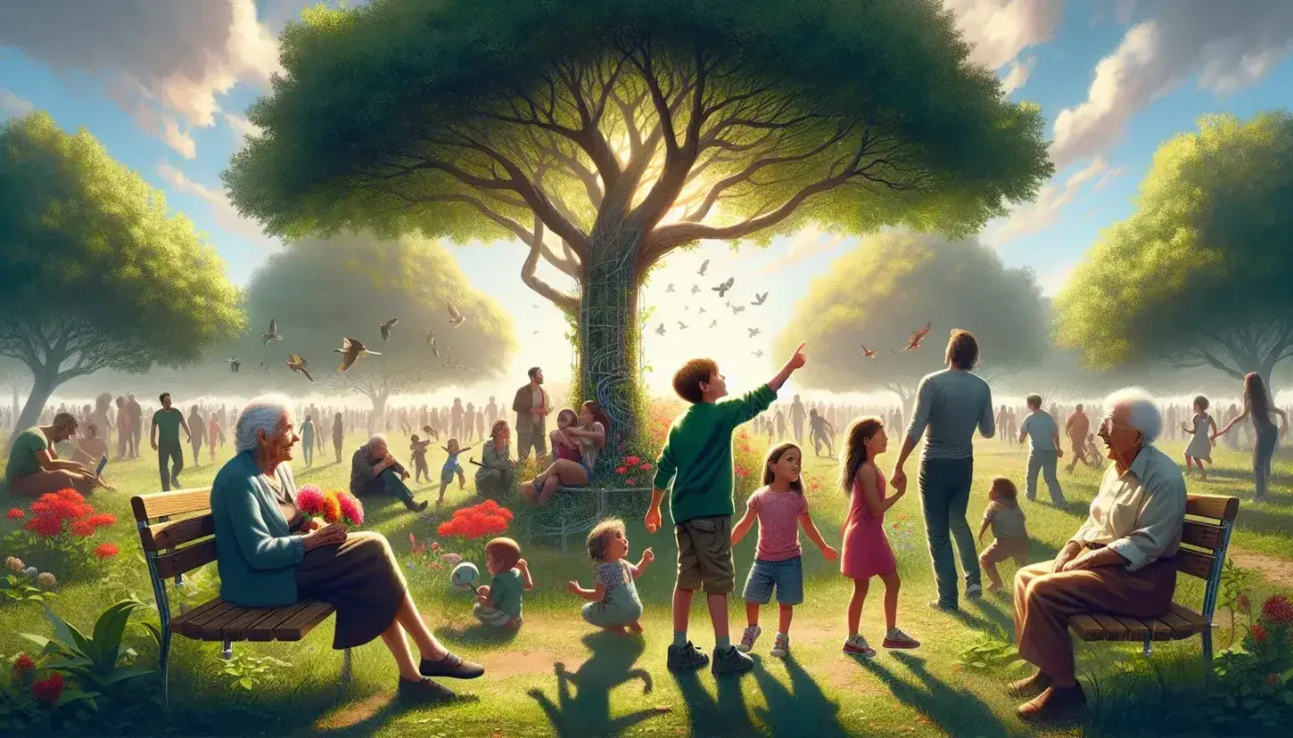 Niño señalando árbol y adulto escuchando en parque con anciana en banca, adolescente observando flor y niños jugando en césped bajo cielo azul.