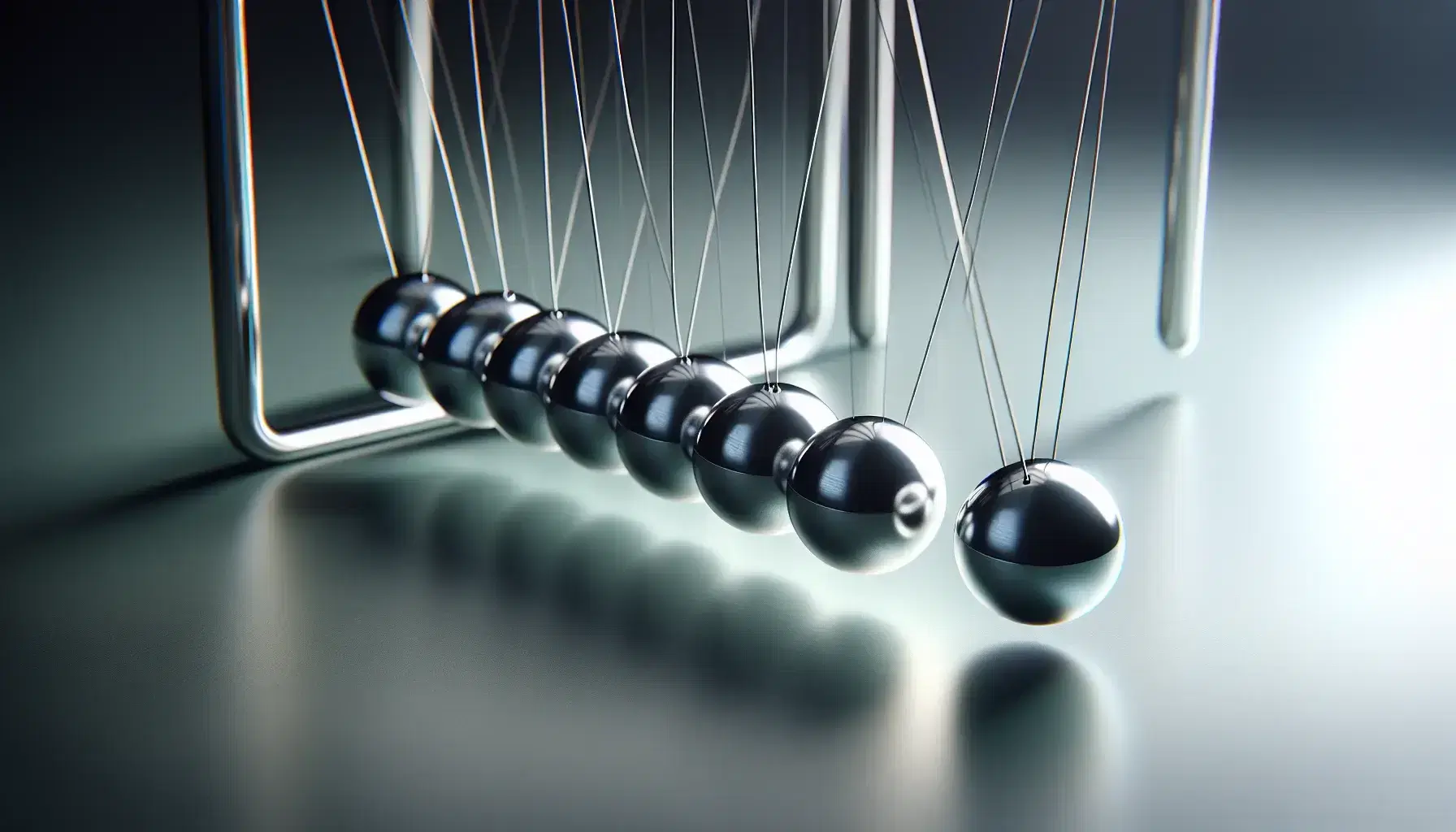 Close-up of a Newton's cradle with polished steel balls demonstrating momentum conservation, against a blurred background.