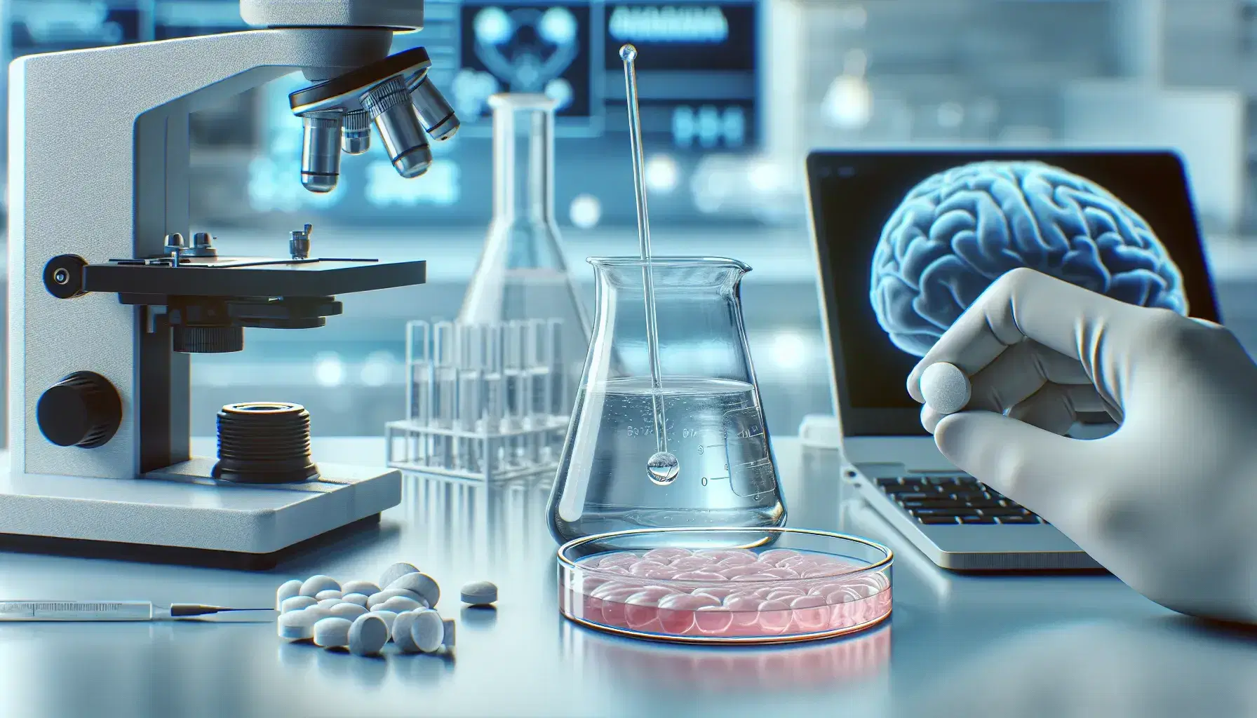 Modern neuroscience laboratory with beaker and blue liquid, brain tissue in petri dish, microscope and white pill held in gloved hand.