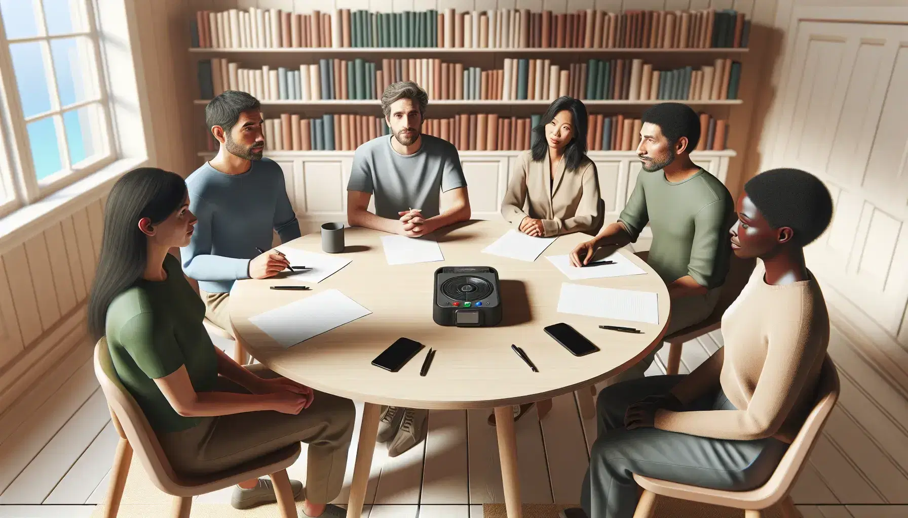 Grupo diverso de cinco personas en reunión de trabajo sentadas alrededor de una mesa redonda con hojas y bolígrafos, y un grabador de voz en el centro, en una sala iluminada naturalmente.
