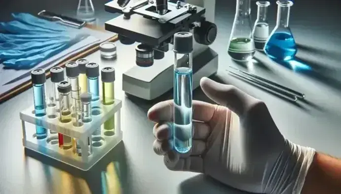 Manos enguantadas de profesional de la salud sosteniendo un tubo de ensayo con líquido azul claro, junto a tubos con líquidos de colores en un laboratorio con microscopio.