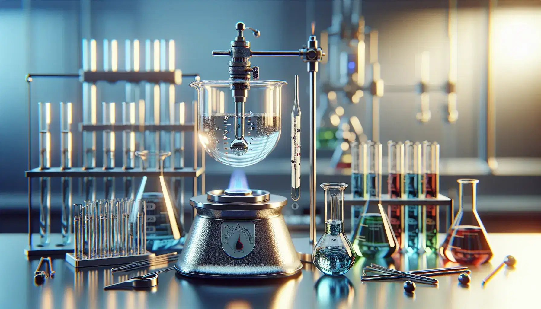 Laboratorio scientifico con strumenti di calorimetria, calorimetro metallico con termometro, provette colorate e fiamma di Bunsen sullo sfondo.