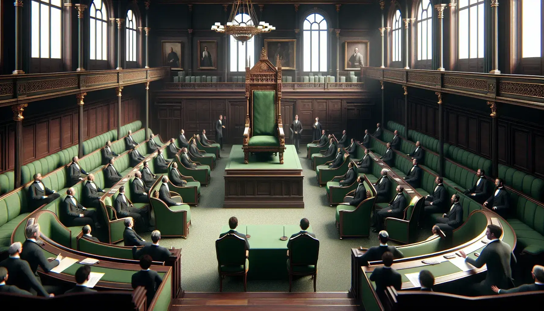 Traditional European legislative chamber with a grand green chair on a platform, horseshoe layout of benches, and people in formal attire debating.