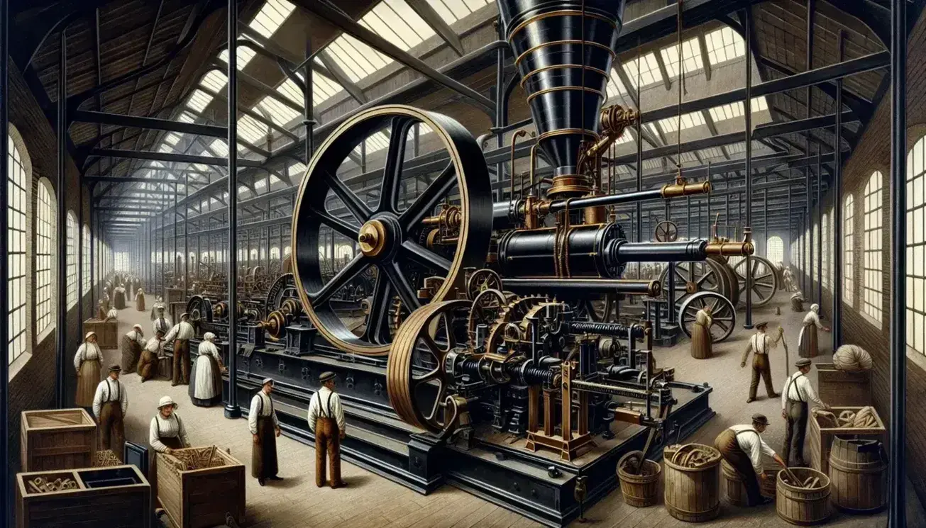 Early industrial revolution factory scene with a steam engine, workers operating machinery, and a haze of steam and dust in the air.