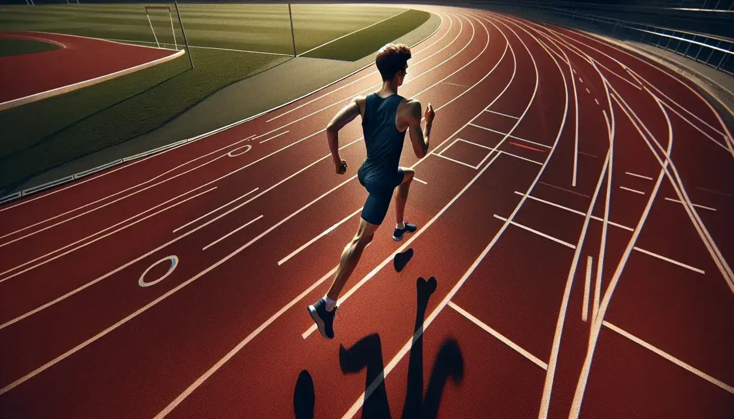 Atleta in maglia blu scuro corre su pista di atletica curva con linee bianche, circondata da erba verde e tribune sfocate sullo sfondo.